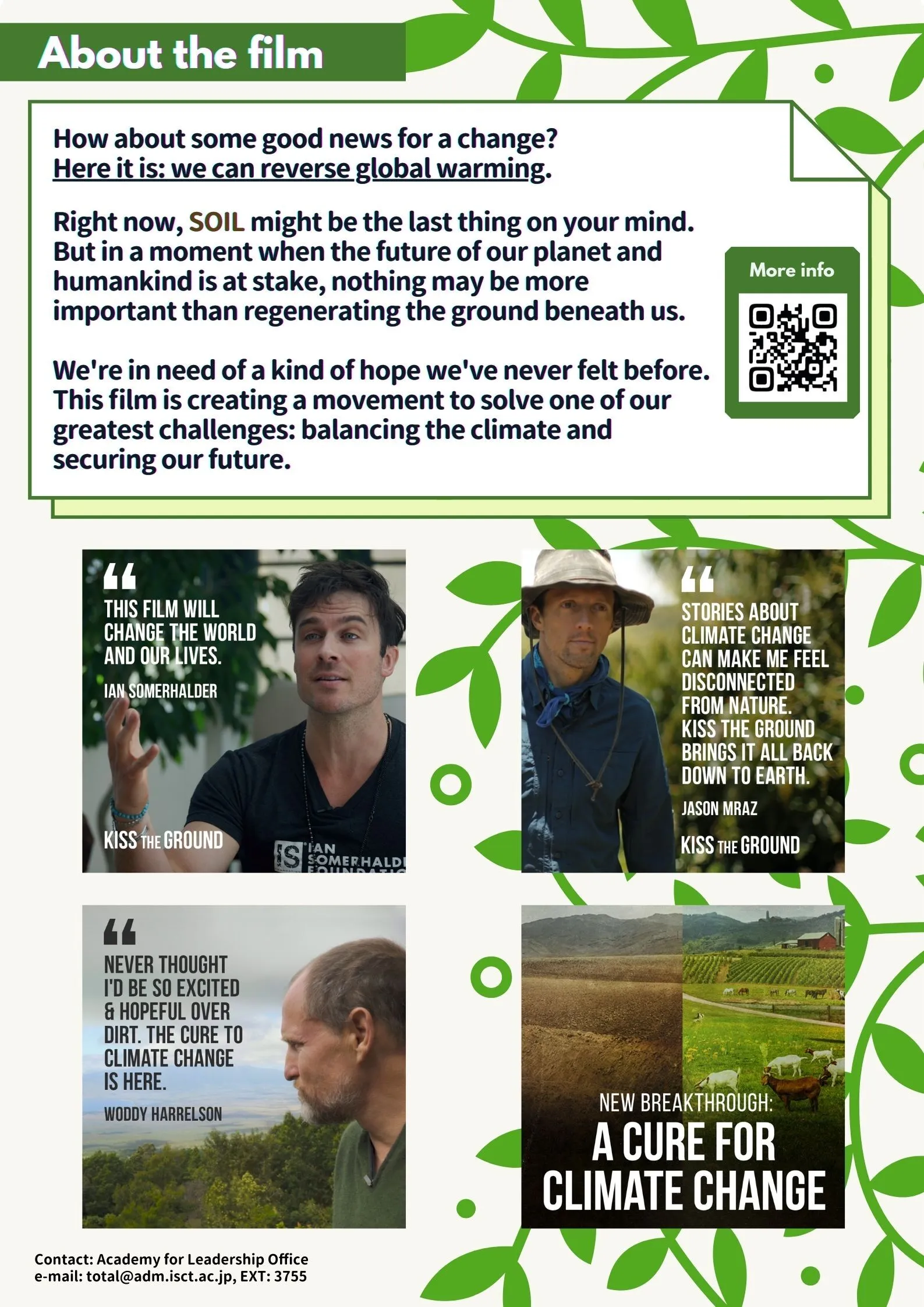 Free screening of the documentary film "KISS THE GROUND" and casual discussion flyer