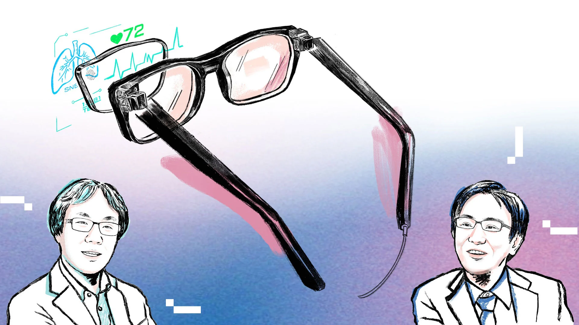 イメージイラスト：医療用ARグラス（中央）と雨宮智宏 准教授（左）と吉田宗一郎 准教授（右）